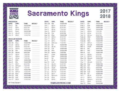 Sacramento Kings 2017-18 Printable Schedule
