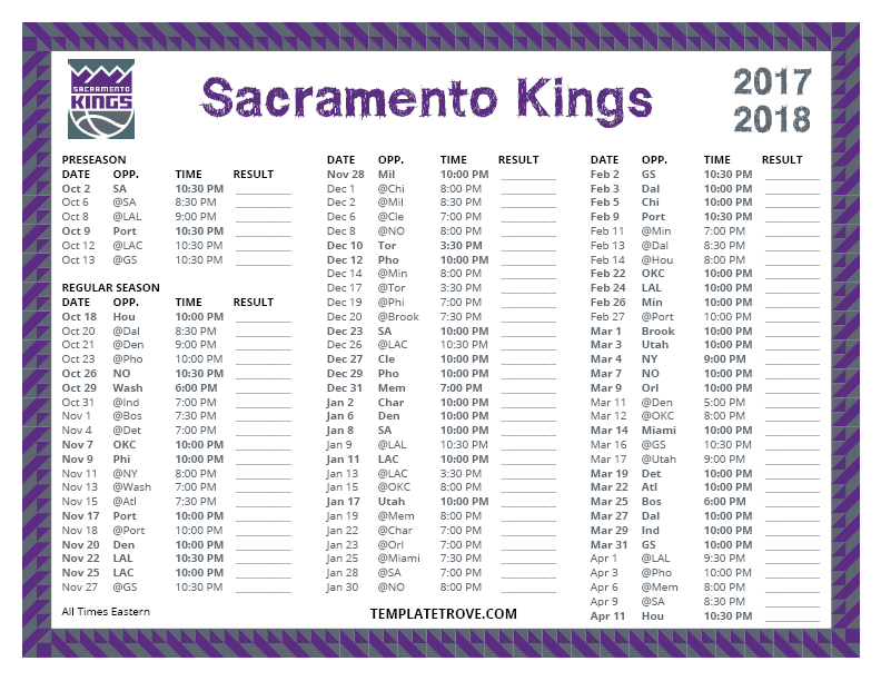 Printable 20172018 Sacramento Kings Schedule