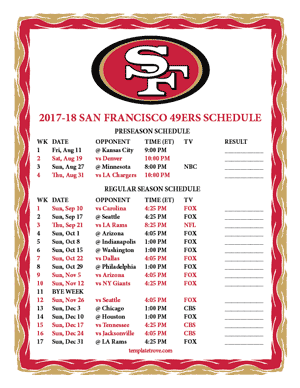 San Francisco 49ers 2017-18 Printable Schedule