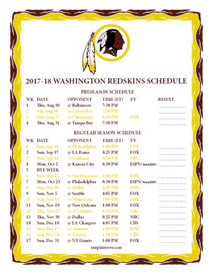Washington Redskins 2017-18 Printable Schedule