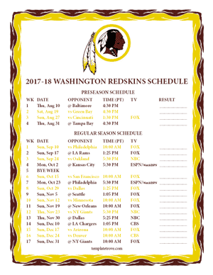 Washington Redskins 2017-18 Printable Schedule - Pacific Times