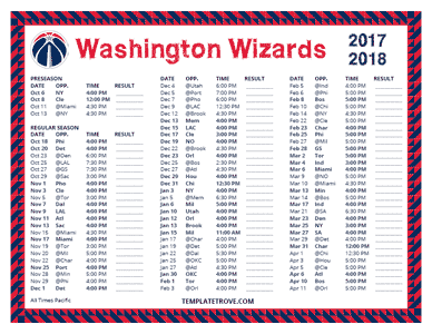 Washington Wizards 2017-18 Printable Schedule - Pacific Times