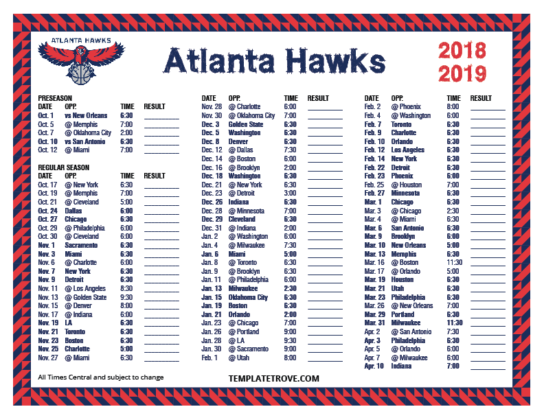 Printable 20182019 Atlanta Hawks Schedule