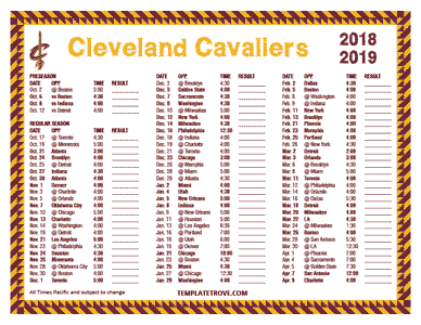 Cleveland Cavaliers 2018-19 Printable Schedule - Pacific Times
