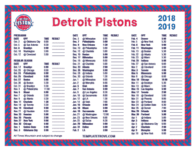 Detroit Pistons 2018-19 Printable Schedule - Mountain Times