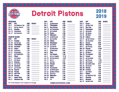 Detroit Pistons 2018-19 Printable Schedule