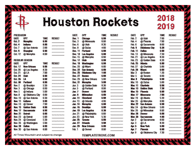 Houston Rockets 2018-19 Printable Schedule - Mountain Times