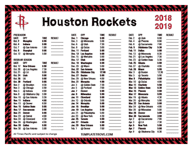 Houston Rockets 2018-19 Printable Schedule - Pacific Times