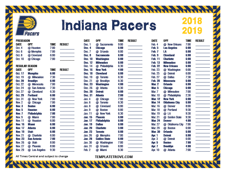 Printable 20182019 Indiana Pacers Schedule