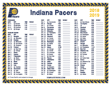 Indiana Pacers 2018-19 Printable Schedule - Pacific Times