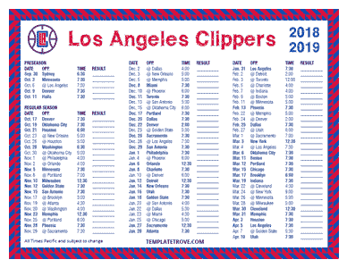 Los Angeles Clippers 2018-19 Printable Schedule - Pacific Times