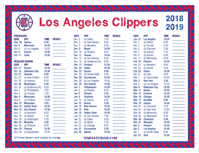 Los Angeles Clippers 2018-19 Printable Schedule