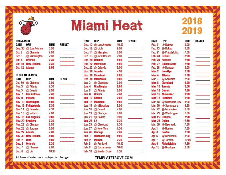 Printable 20182019 Miami Heat Schedule