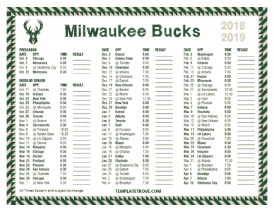 Milwaukee Bucks 2018-19 Printable Schedule