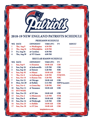 New England Patriots 2018-19 Printable Schedule - Pacific Times
