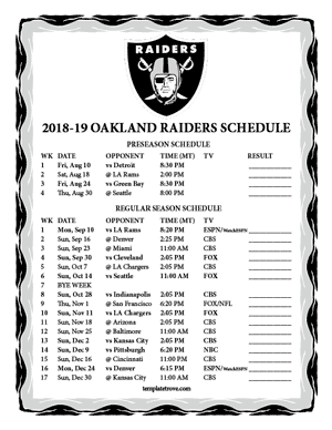 Oakland Raiders 2018-19 Printable Schedule - Mountain Times
