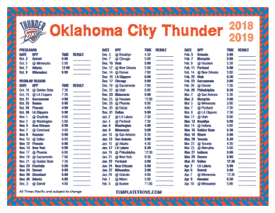 Oklahoma City Thunder 2018-19 Printable Schedule - Pacific Times