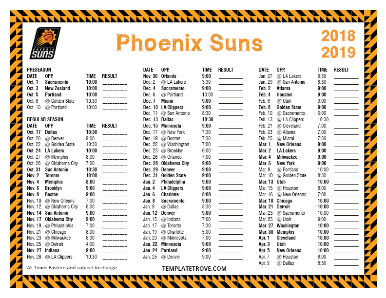 Printable 20182019 Phoenix Suns Schedule