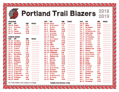 Portland Trail Blazers 2018-19 Printable Schedule