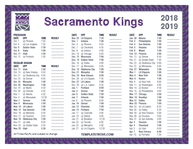 Sacramento Kings 2018-19 Printable Schedule - Pacific Times