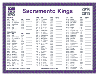 Sacramento Kings 2018-19 Printable Schedule