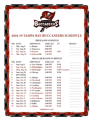Tampa Bay Buccaneers 2018-19 Printable Schedule