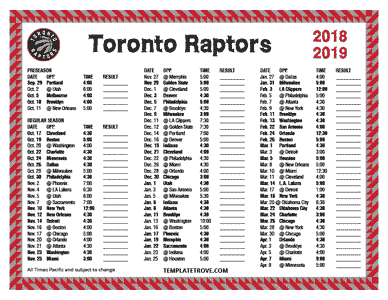 Toronto Raptors 2018-19 Printable Schedule - Pacific Times