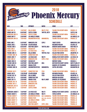 Phoenix Mercury 2018 Printable Basketball Schedule