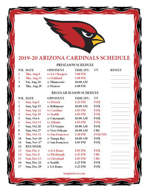 Arizona Cardinals 2019-20 Printable Schedule - Pacific Times