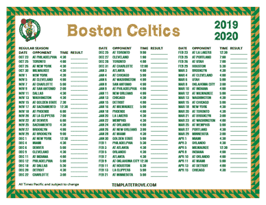 Boston Celtics 2019-20 Printable Schedule - Pacific Times
