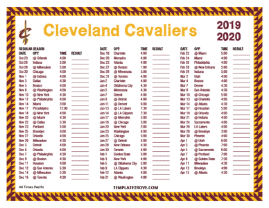 Cleveland Cavaliers 2019-20 Printable Schedule - Pacific Times