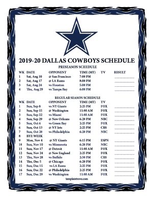 Dallas Cowboys 2019-20 Printable Schedule - Mountain Times