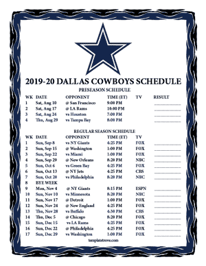 Dallas Cowboys 2019-20 Printable Schedule