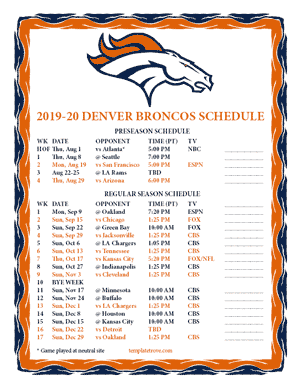 Denver Broncos 2019-20 Printable Schedule - Pacific Times