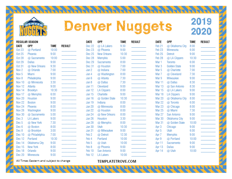 Denver Nuggets Printable Schedule Printable World Holiday