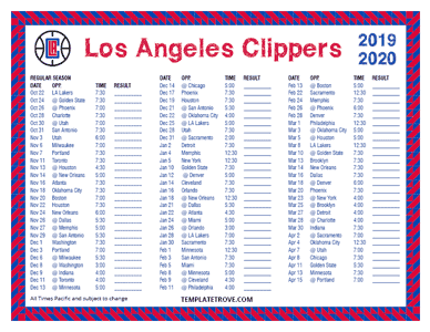 Los Angeles Clippers 2019-20 Printable Schedule - Pacific Times