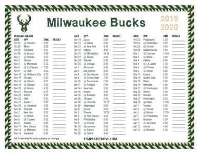 Milwaukee Bucks 2019-20 Printable Schedule - Pacific Times