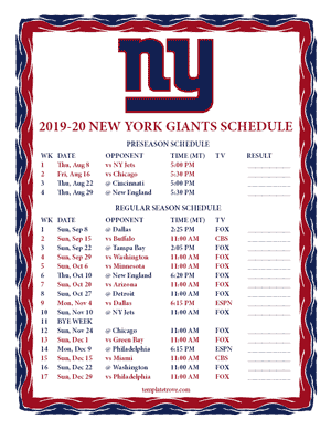 New York Giants 2019-20 Printable Schedule - Mountain Times