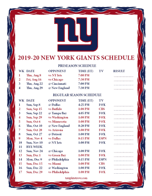 New York Giants 2019-20 Printable Schedule