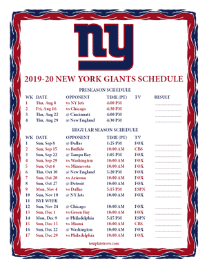 New York Giants 2019-20 Printable Schedule - Pacific Times