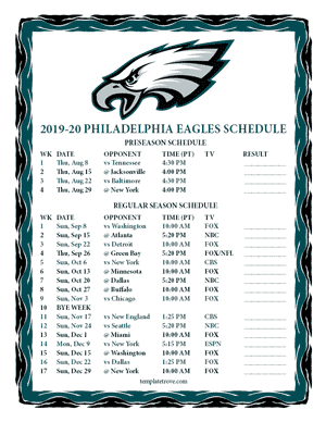 Philadelphia Eagles 2019-20 Printable Schedule - Pacific Times