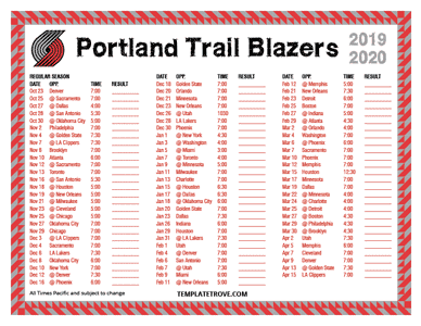 Portland Trail Blazers 2019-20 Printable Schedule - Pacific Times