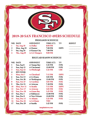 San Francisco 49ers 2019-20 Printable Schedule - Central Times