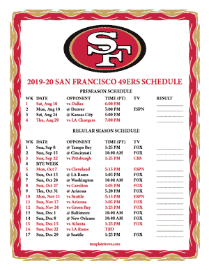 San Francisco 49ers 2019-20 Printable Schedule - Pacific Times