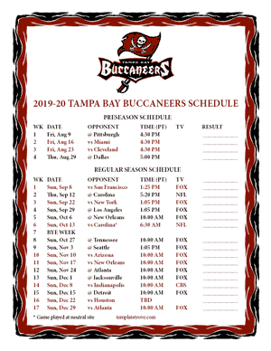 Tampa Bay Buccaneers 2019-20 Printable Schedule - Pacific Times