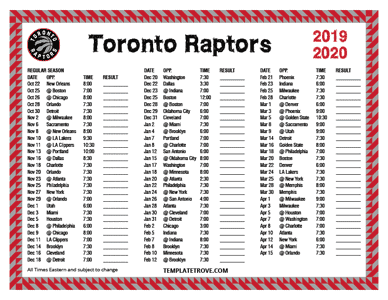 Toronto Raptors 2019-20 Printable Schedule