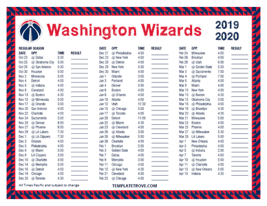 Washington Wizards 2019-20 Printable Schedule - Pacific Times