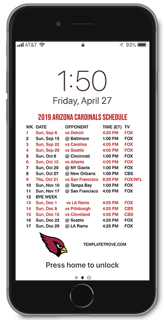 2019 Arizona Cardinals Lock Screen Schedule
