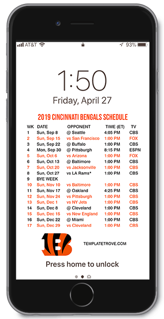2019-2020 Cincinnati Bengals Lock Screen Schedule for 