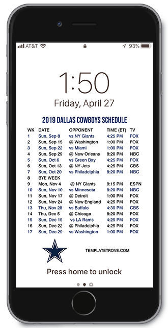 2019 Dallas Cowboys Lock Screen Schedule